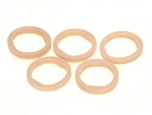 Fünf runde Dichtungen in beige, geeignet für Gasrohre, mit einer glatten Oberfläche, möglicherweise von der Marke Bosch.